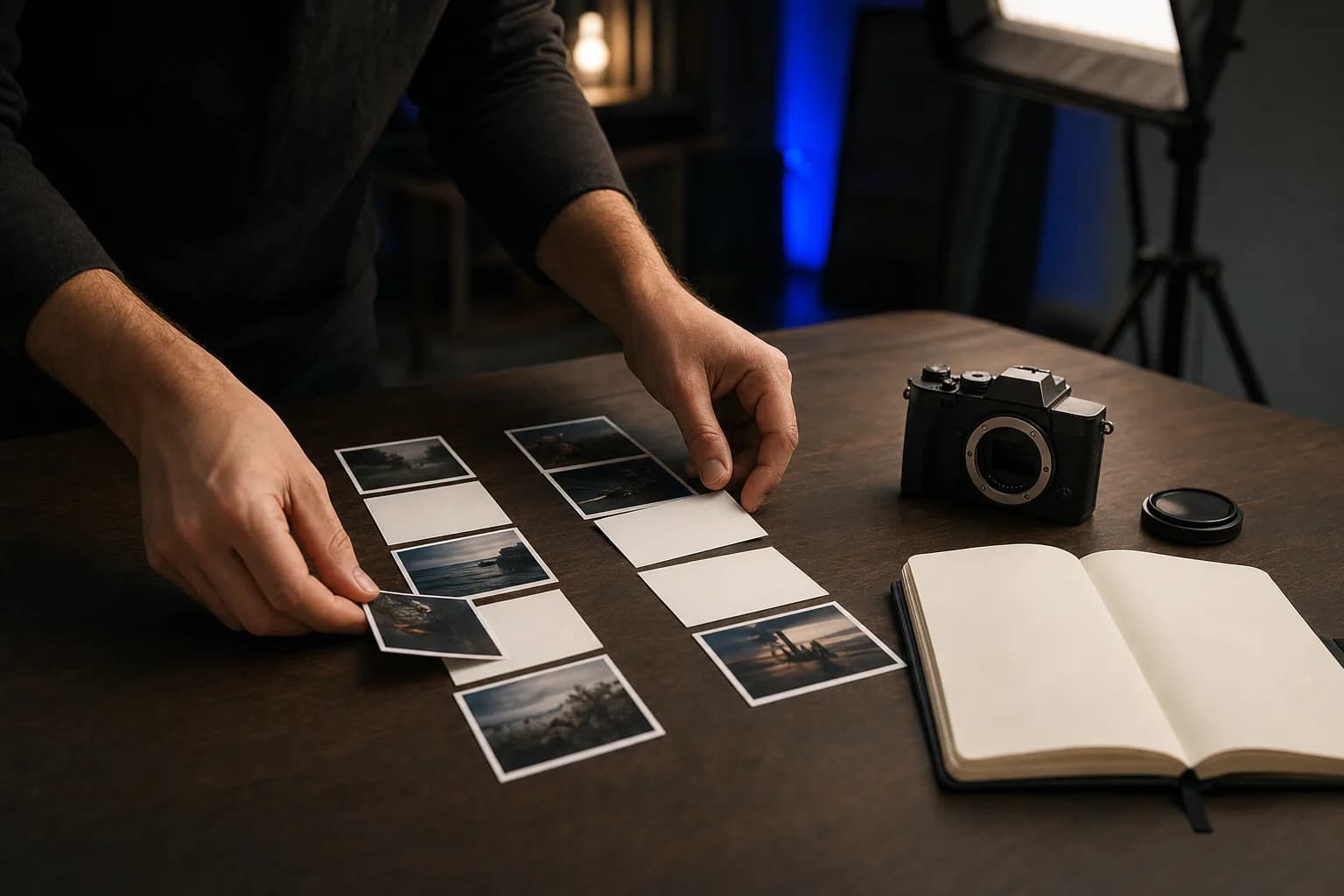 A creator's hands arranging several printed photographs and storyboard cards into connected columns on a dark studio table beside a camera body and notebook.