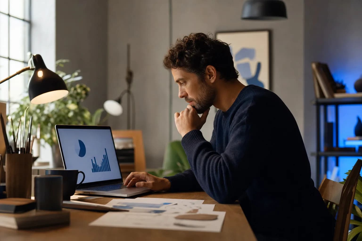 A creative professional reviewing simple performance charts on a laptop at a home studio desk