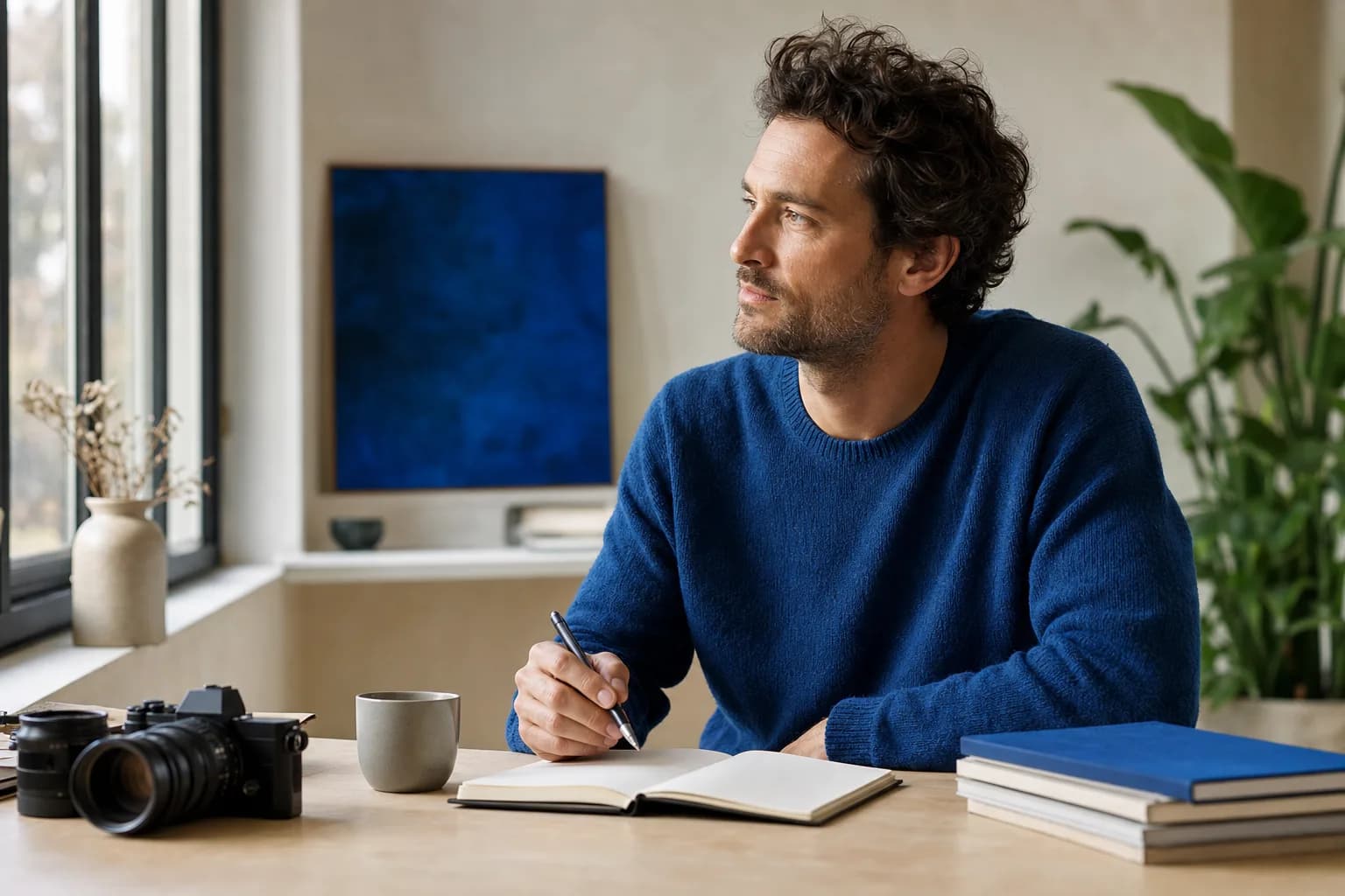 A professional writing thoughtfully at a minimalist desk with a camera and notebook nearby