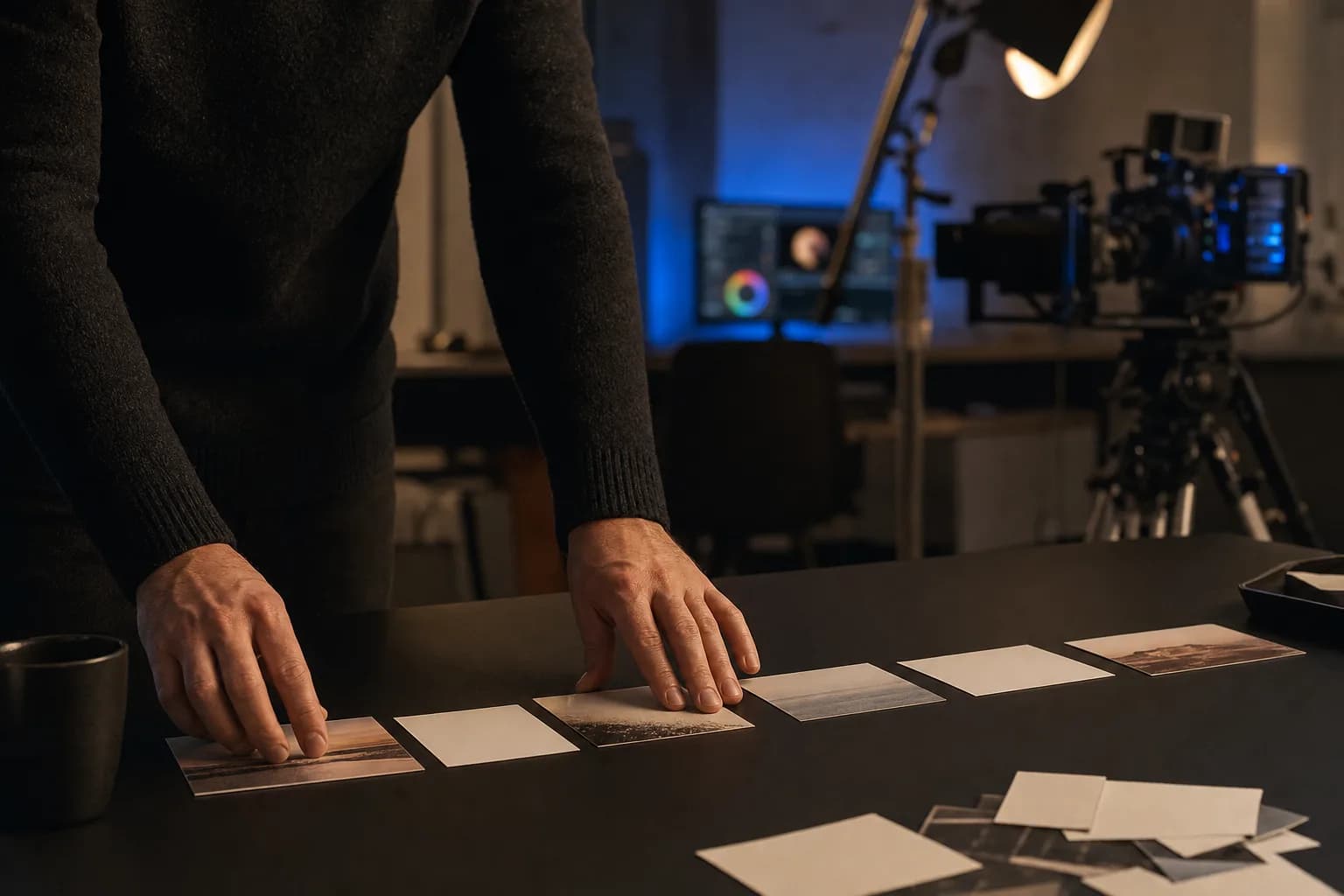 A creative director's hands arranging printed photographs and index cards into a single clear line on a dark studio table, with a camera and monitor softly out of focus behind.