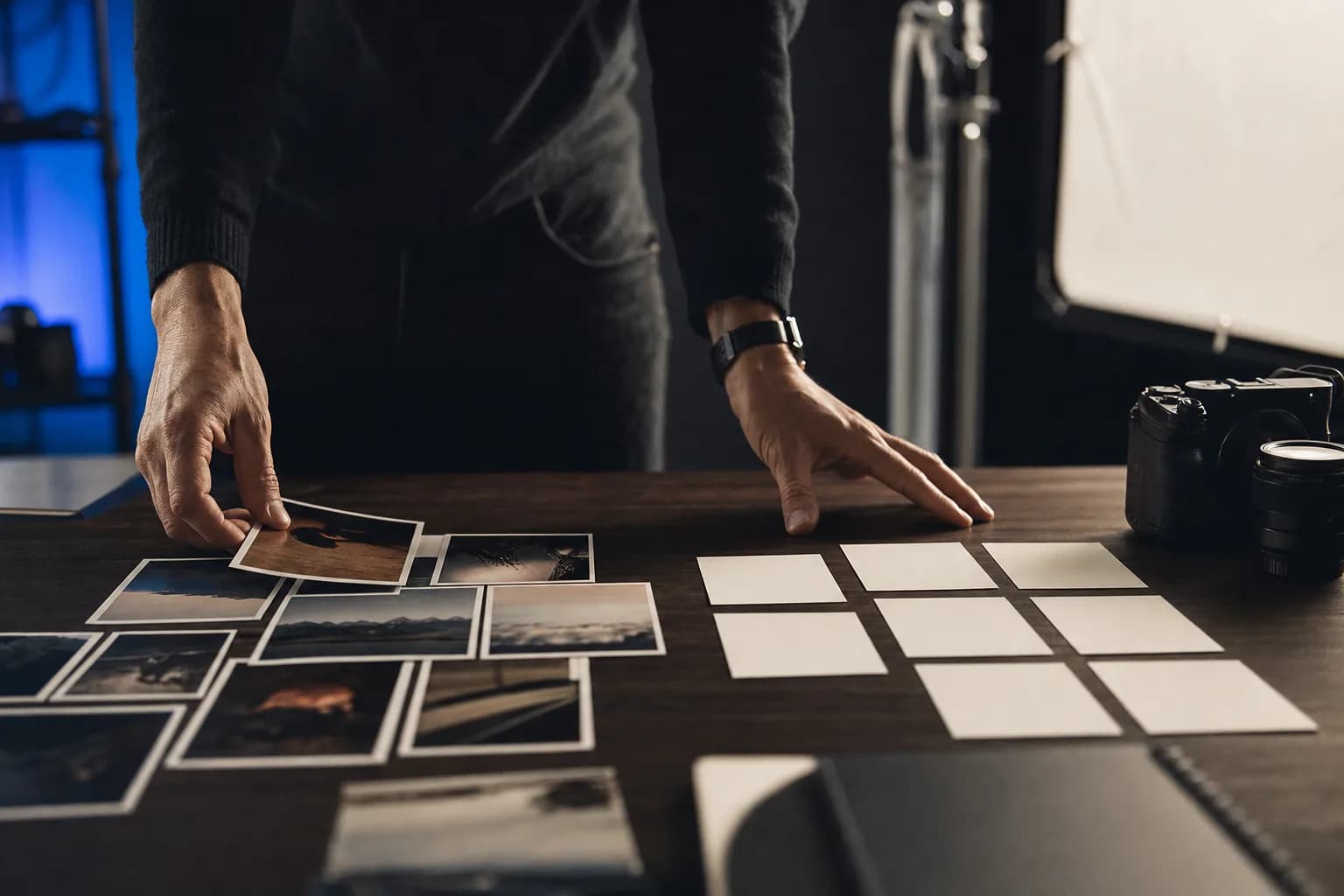 A creative director's hands arranging printed photographs and storyboard cards on a dark studio table beside a camera body and lens, lit by warm editorial light with a cool blue rim from a nearby monitor.