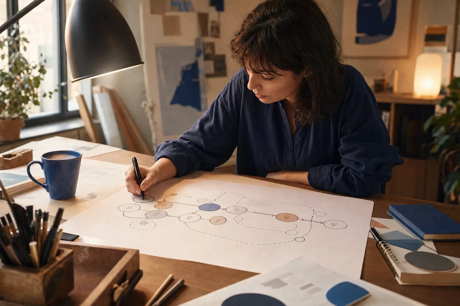 A creative professional sketching a customer journey diagram by hand at a studio desk
