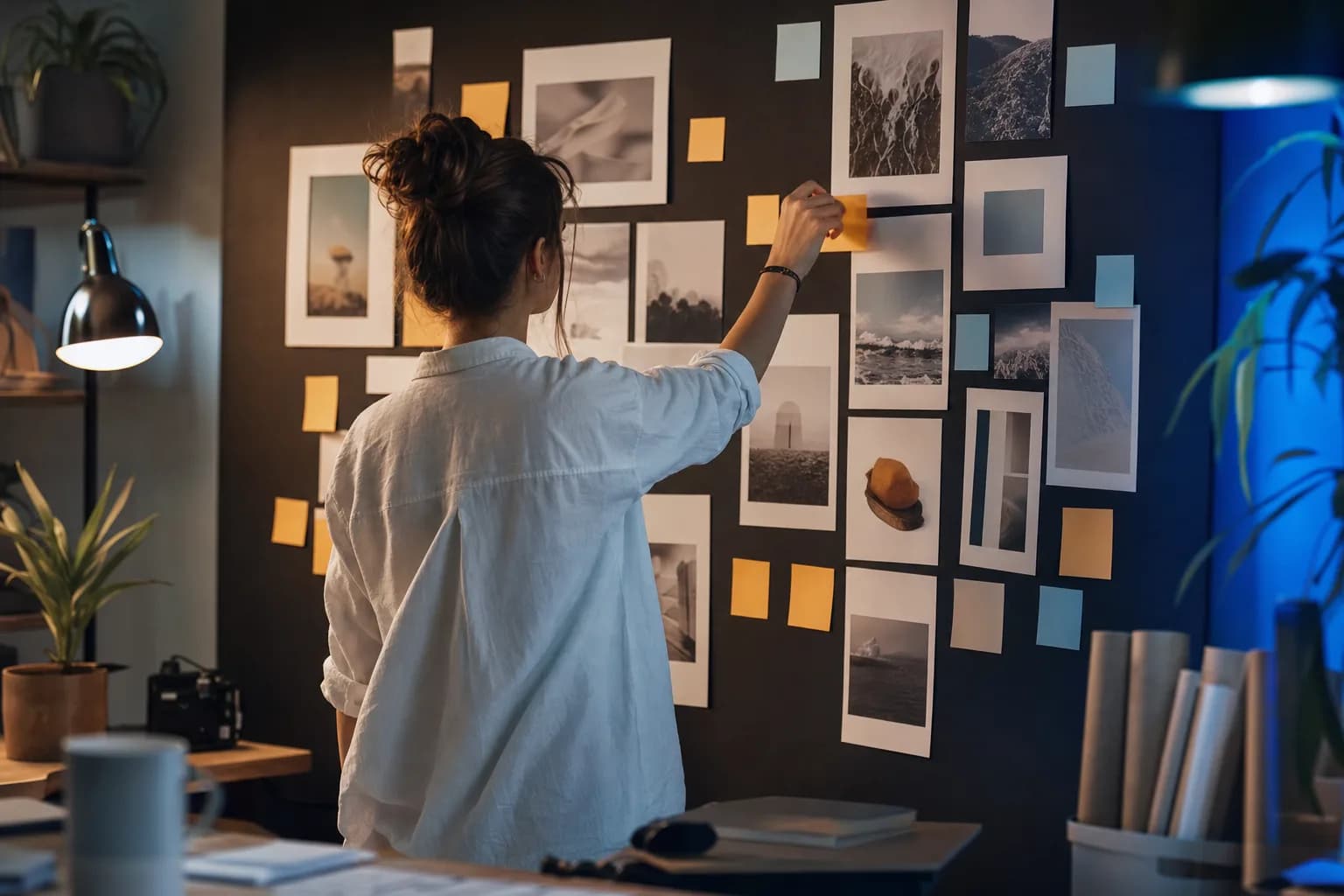 A creative professional organizing a structured content planning board with printed frames and notes