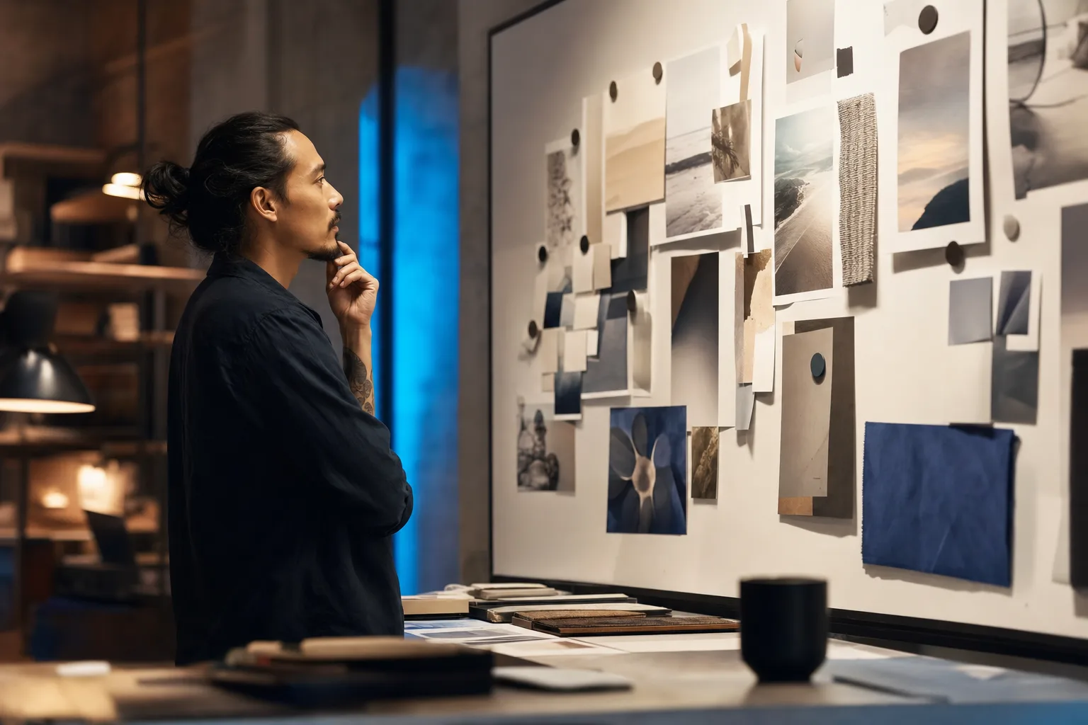 A creative professional studying a wall of mood-board references before making a positioning decision