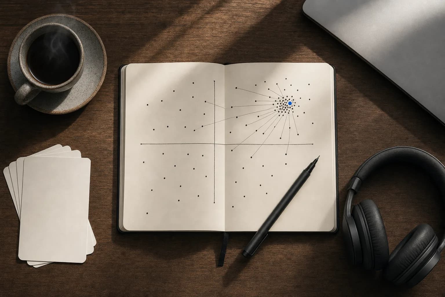 An overhead view of a minimalist desk where an open notebook shows a hand-drawn two-axis map with several scattered dots converging toward one clustered region, a pen laid across the page beside a coffee cup and a few loose index cards.