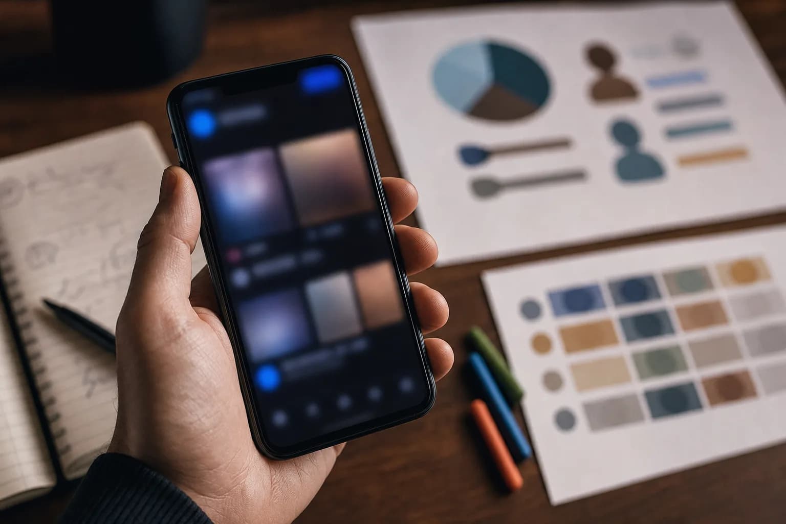 A close-up of a hand holding a smartphone showing a blurred, abstract social feed, with faint out-of-focus strategy notes and audience charts on the desk behind it.