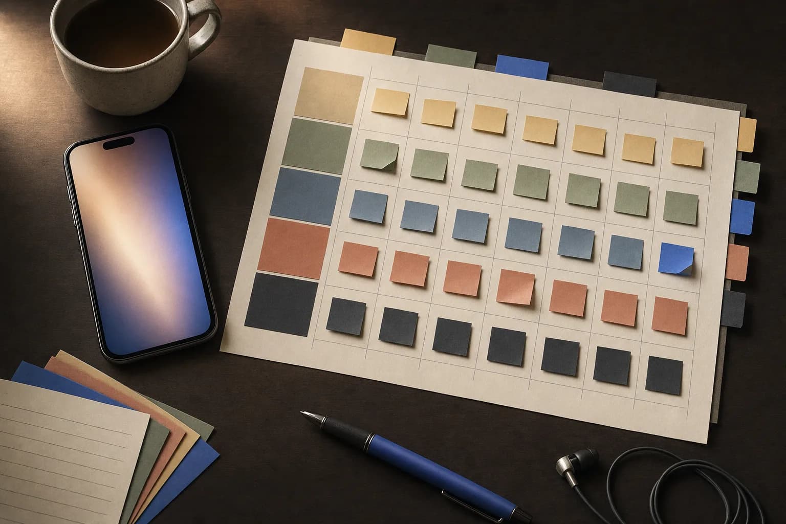 Overhead view of a smartphone and a printed monthly content calendar laid side by side on a dark wooden desk, with colour-coded sticky notes marking different platform lanes.