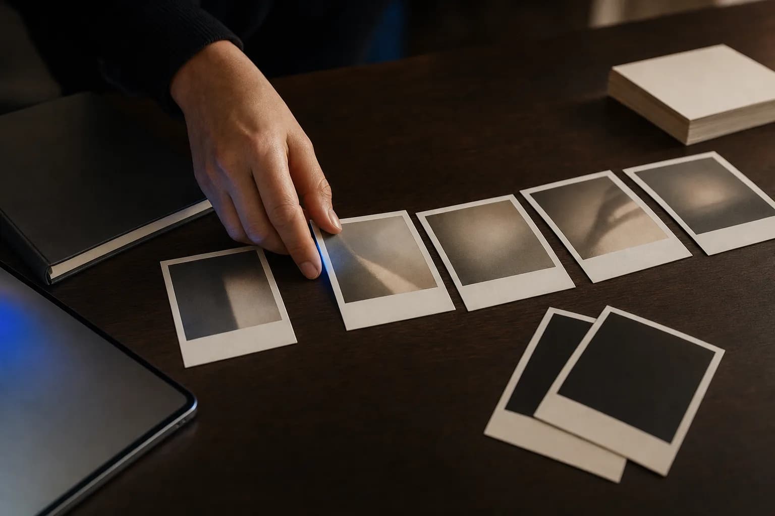 A hand arranging a small row of blank polaroid-style prints into one deliberate sequence on a dark wooden table, with a few prints deliberately turned face down to the side.