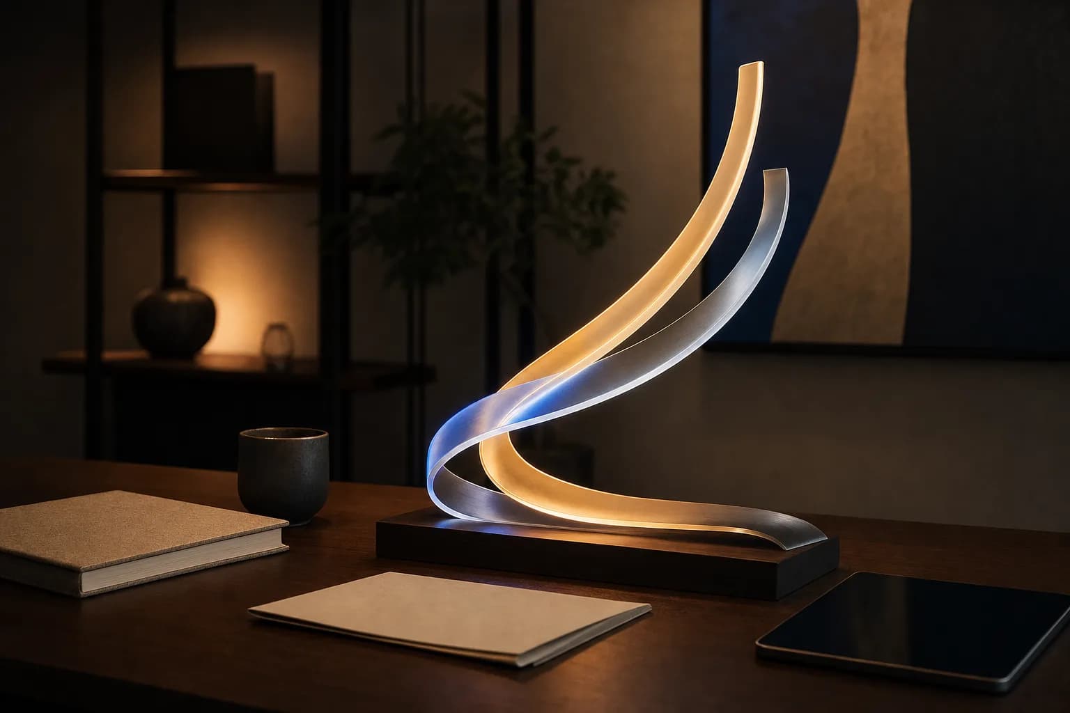 Two interlocking sculptural light ribbons rising in a looping upward curve on a dark wooden desk in a dimly lit studio workspace.