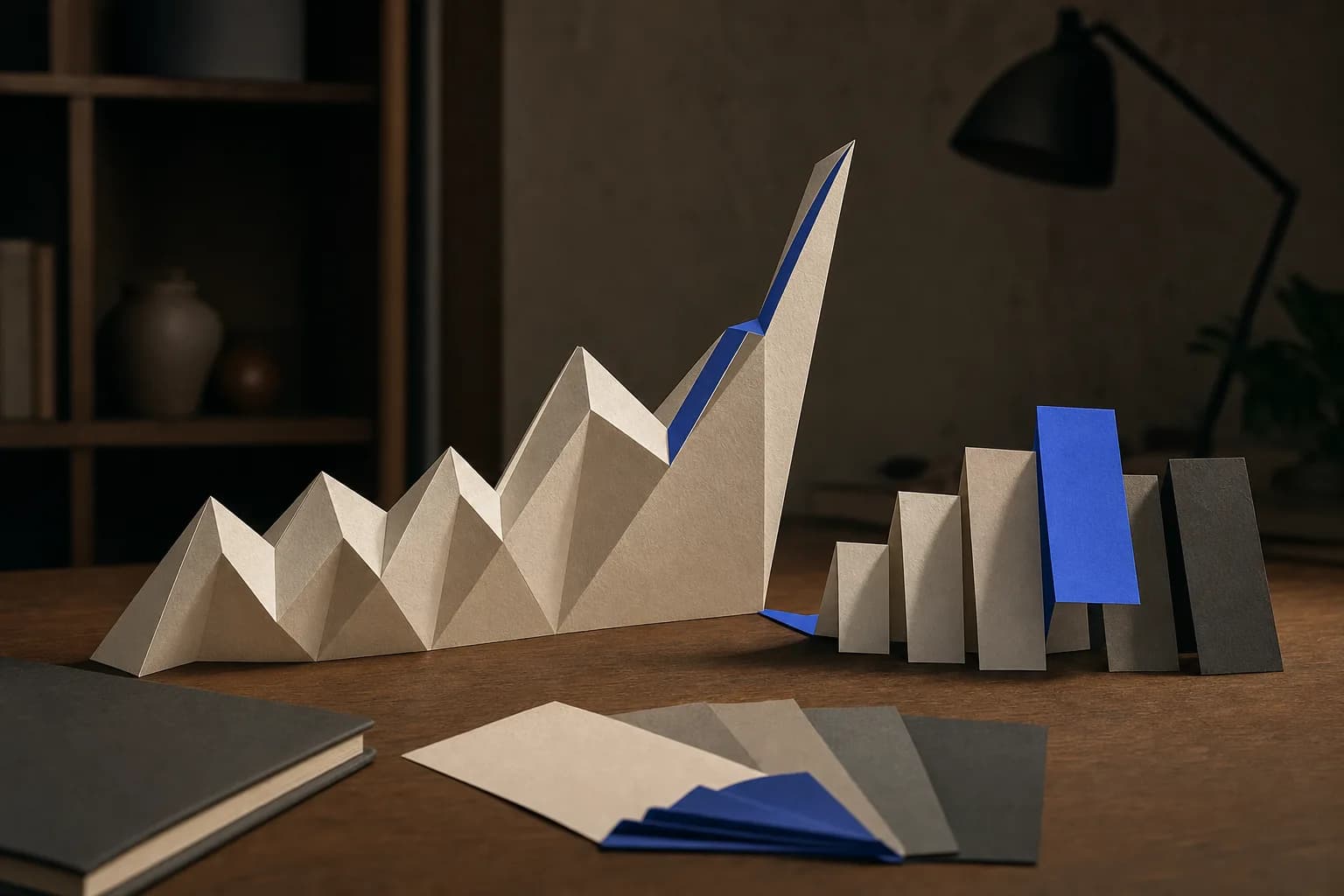 Folded paper sculptures forming an ascending line-chart shape arranged beside paper offer cards on a warm wooden desk under soft directional light.