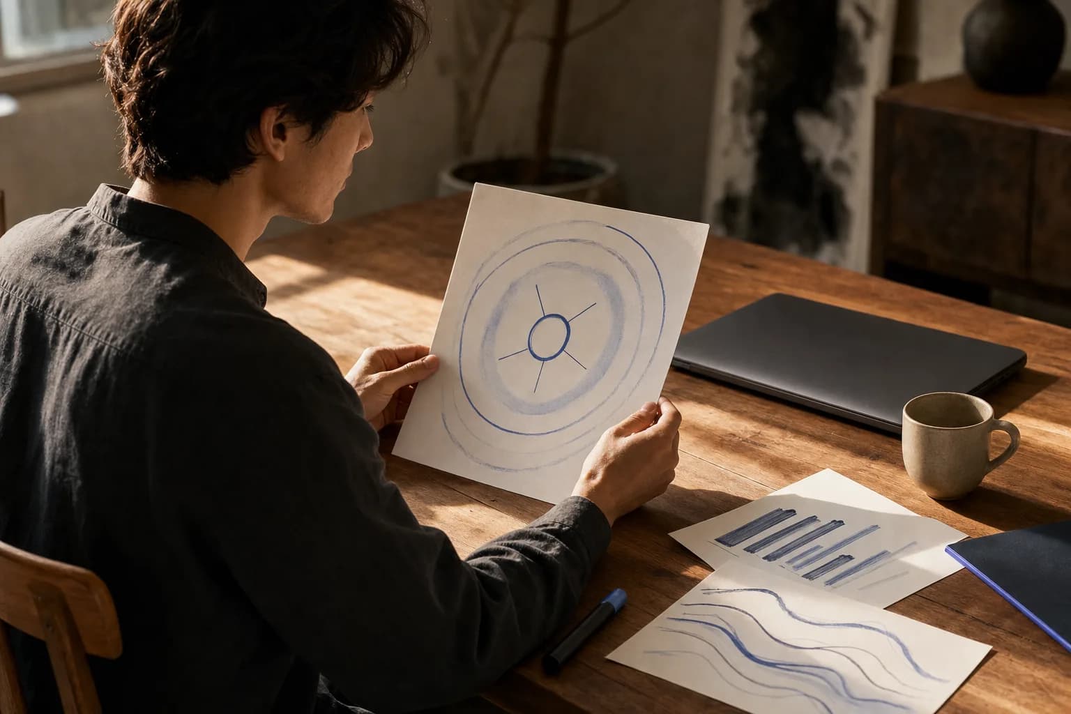 A person sits alone at a wooden table studying a single printed page marked with a small focused shape at its center and lightly sketched branches extending outward, a closed laptop beside them in soft afternoon light.