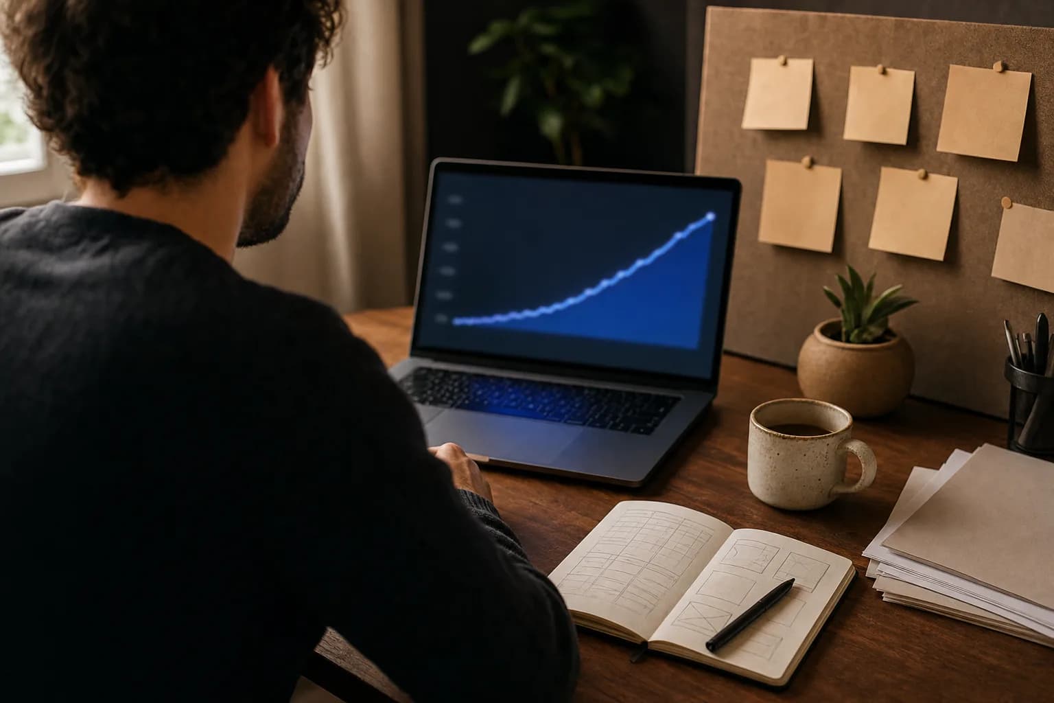 An over-the-shoulder view of a creator at a desk studying a softly blurred, steadily rising growth curve on a laptop screen, with notebooks and a content planning board nearby.