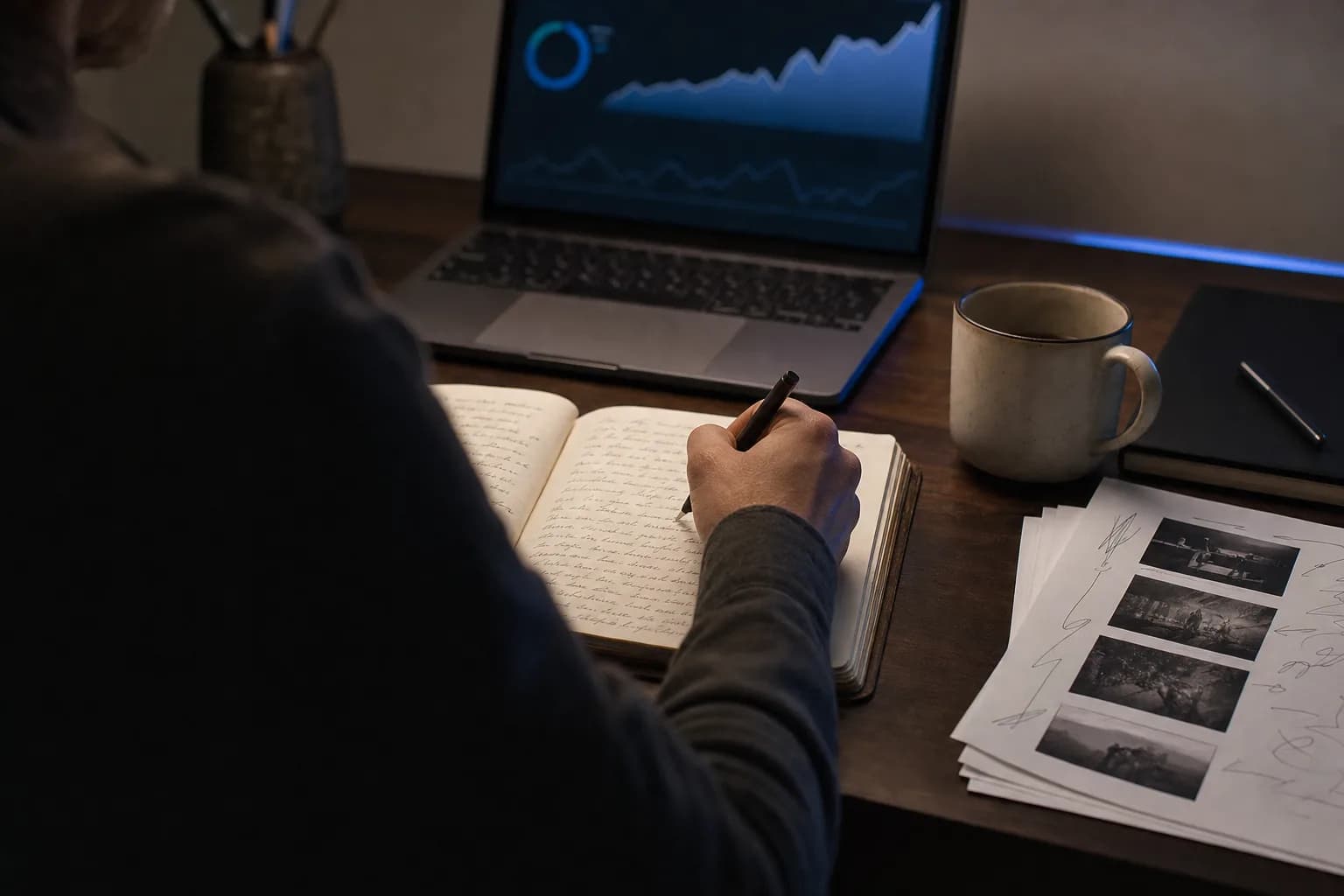 An over-the-shoulder view of a person handwriting notes in a personal journal at a minimalist desk, beside a laptop showing a muted audience-growth dashboard.