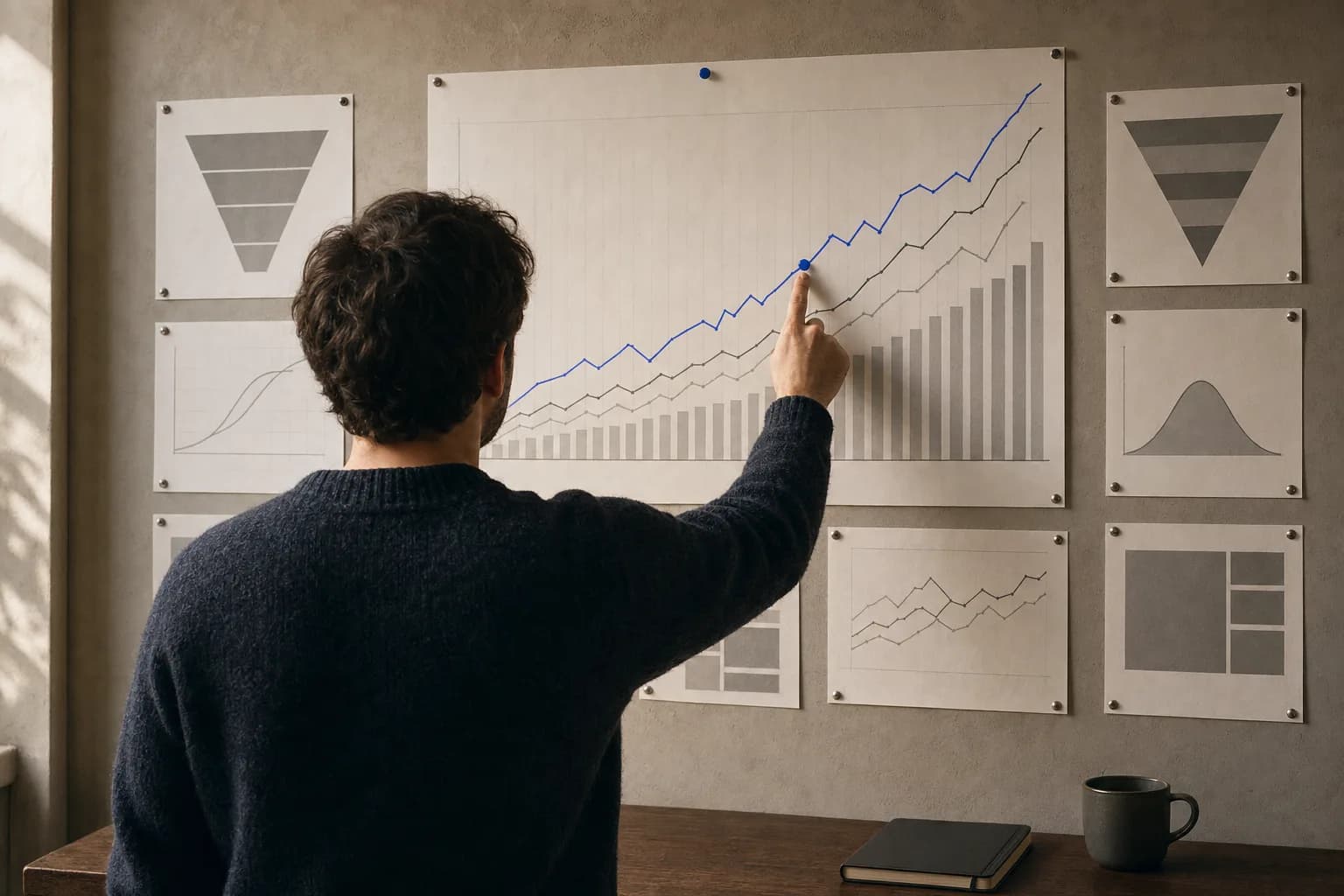 A person seen from behind pointing at a specific point on a large printed performance chart pinned to a studio wall, with other printed charts and content planning sheets around it.