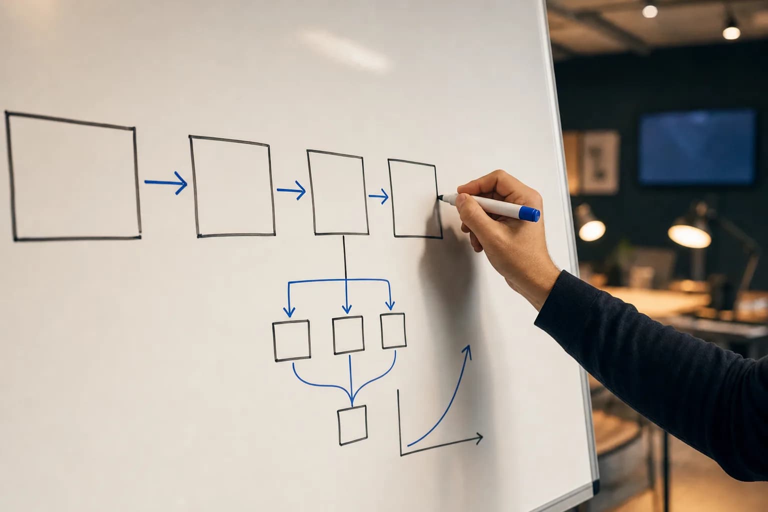 A hand holding a marker draws connected boxes and arrows on a large whiteboard mapping a content strategy sequence, with a softly blurred office behind.