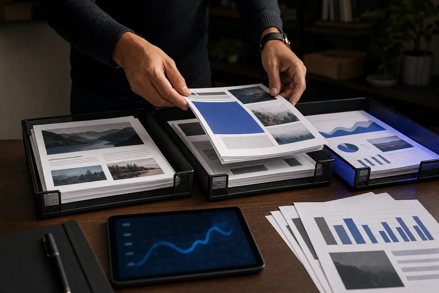 Close-up of hands sorting printed content pieces into three separate trays on a dark desk, surrounded by printed analytics charts and a tablet.