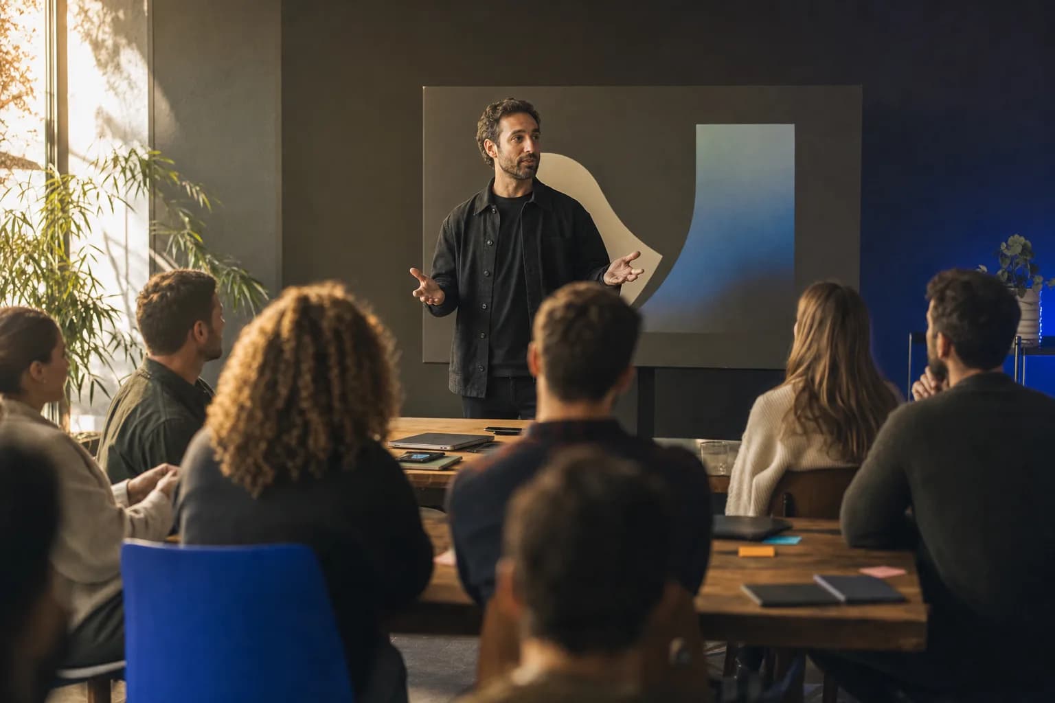 A speaker mid-gesture presenting to a small out-of-focus audience in a modern meeting room, photographed from behind the seated listeners.