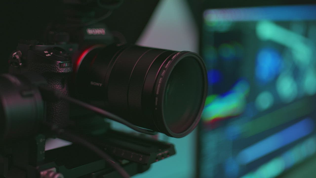 Close view of a professional camera used for content production